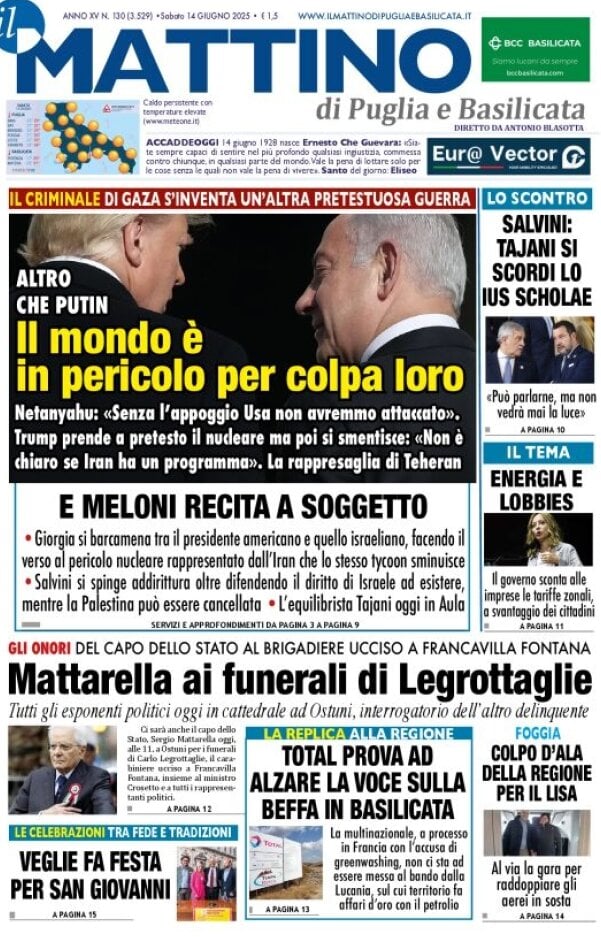 Prima Pagina Il Mattino di Puglia e Basilicata 14/06/2025
