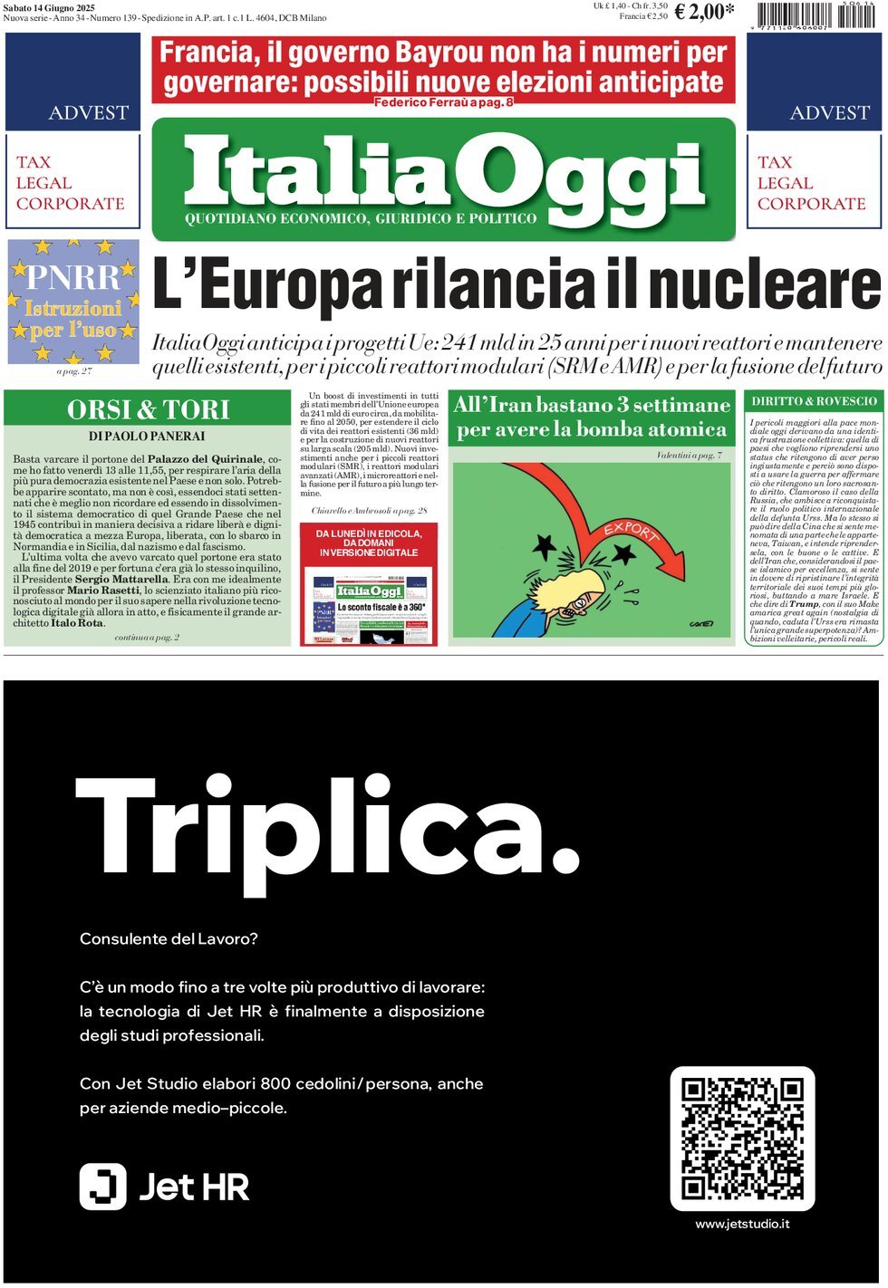 Prima Pagina ItaliaOggi 14/06/2025
