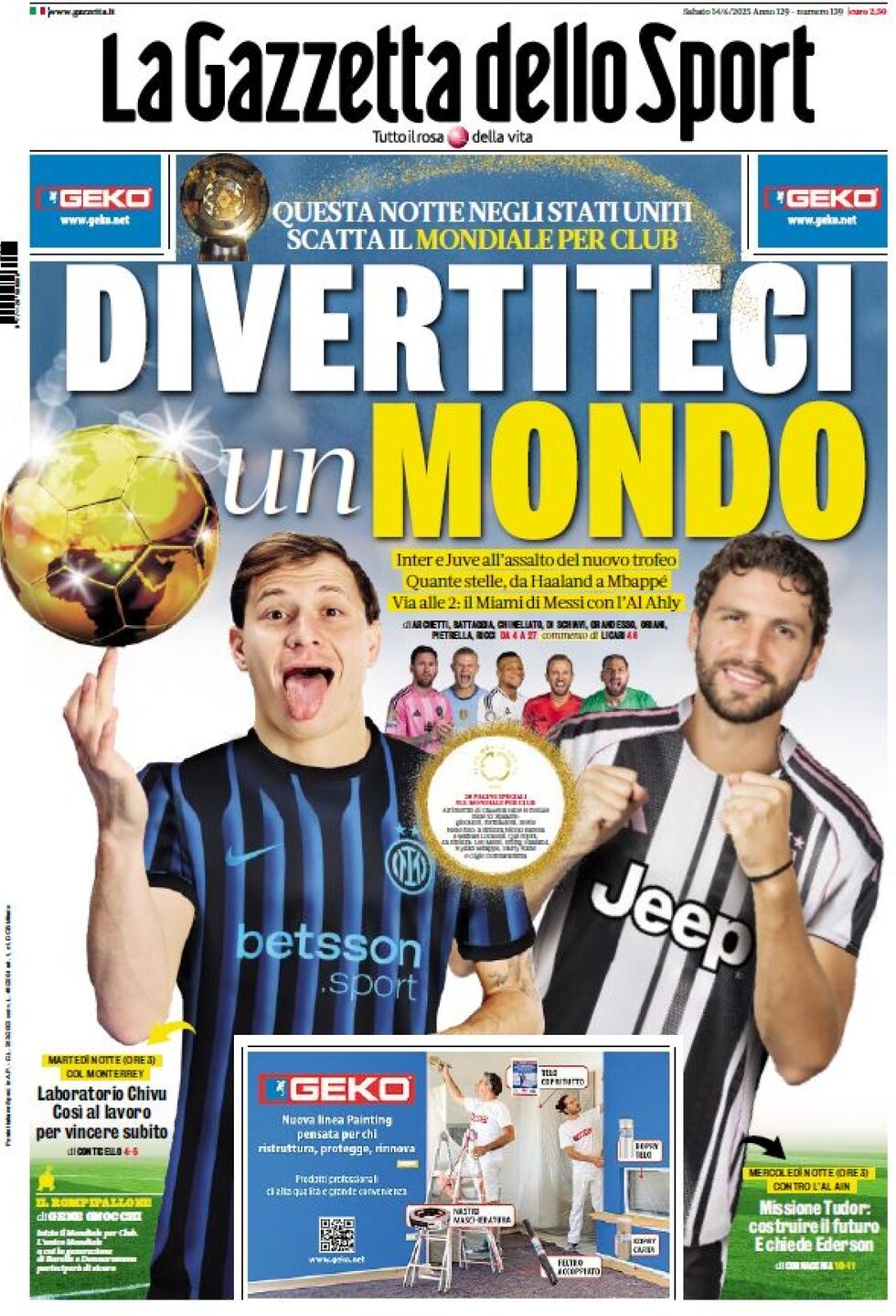 Prima Pagina La Gazzetta dello Sport 14/06/2025