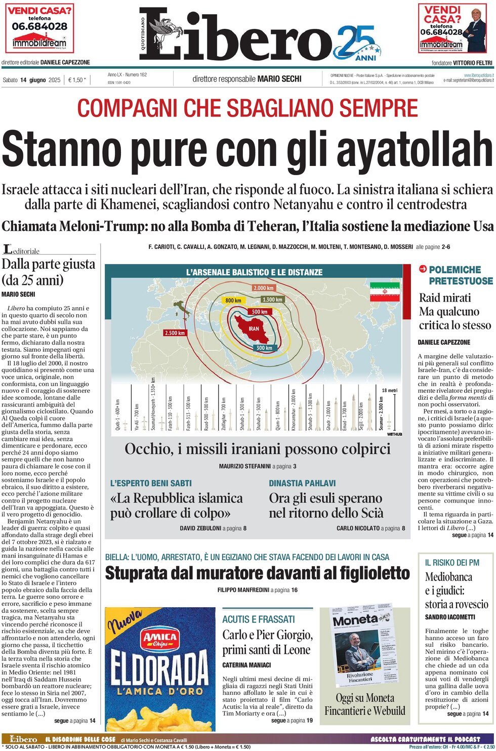 Prima Pagina Libero Quotidiano 14/06/2025