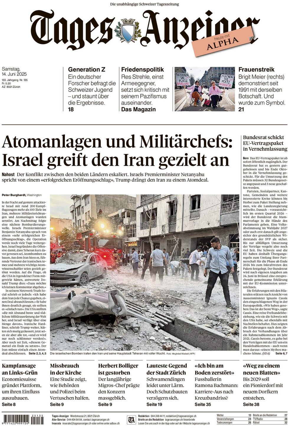 Prima Pagina Tages-Anzeiger (Tagi TA) 15/06/2025