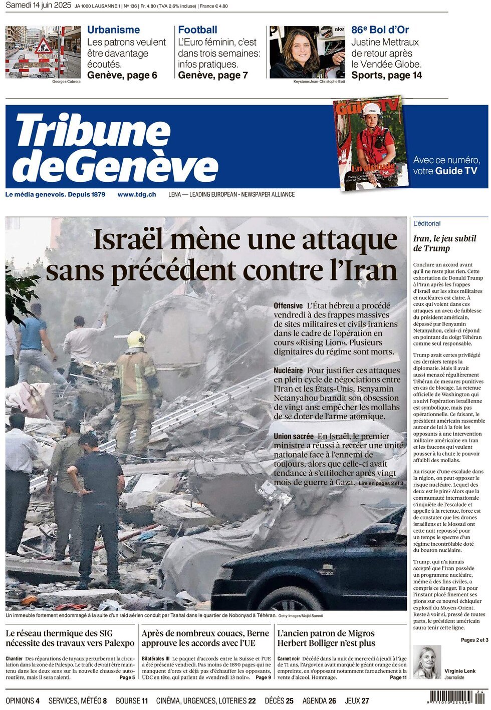 Prima Pagina Tribune de Genève 15/06/2025