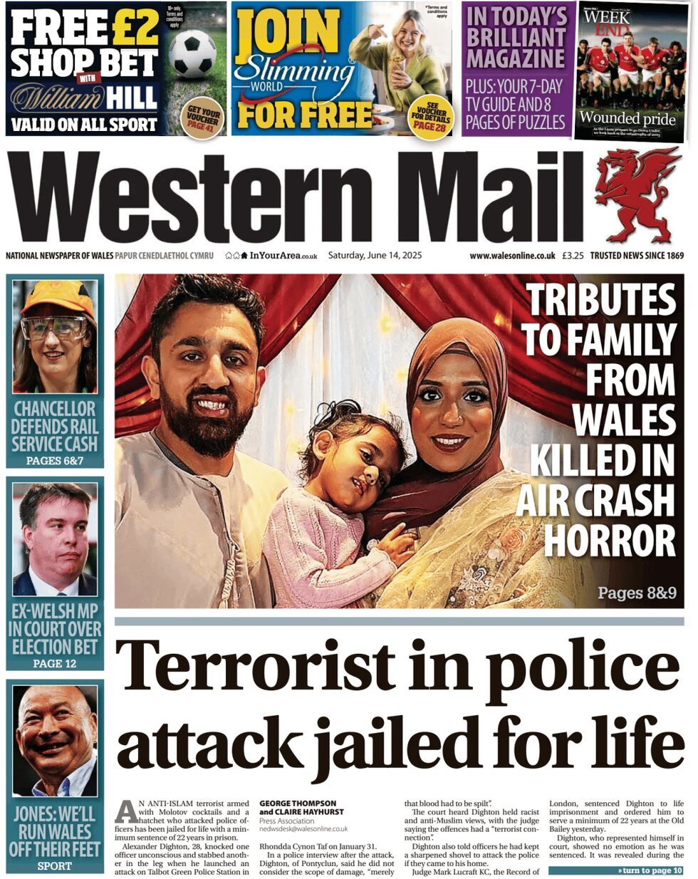 Prima Pagina Western Mail (Wales) 14/06/2025