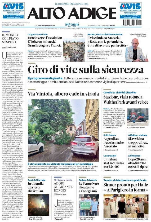 Prima Pagina Alto Adige 15/06/2025