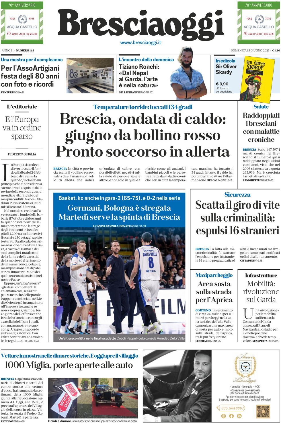Prima Pagina Brescia Oggi 15/06/2025