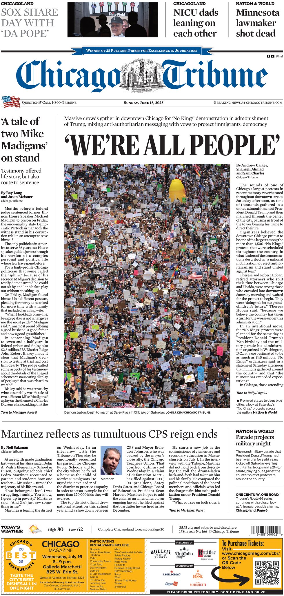 Prima Pagina Chicago Tribune 15/06/2025