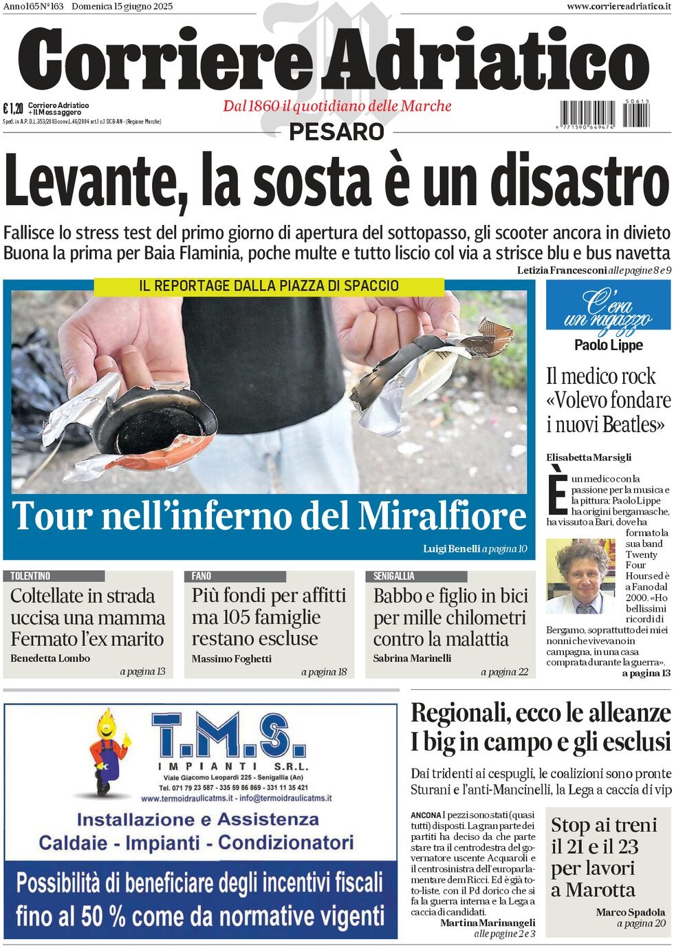 Prima Pagina Corriere Adriatico (Pesaro) 15/06/2025