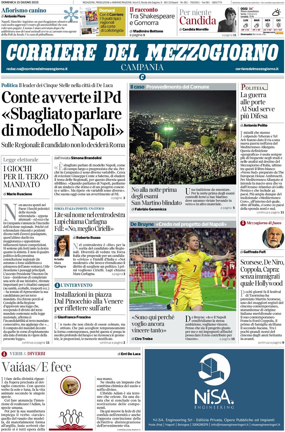 Prima Pagina Corriere del Mezzogiorno (Campania) 15/06/2025