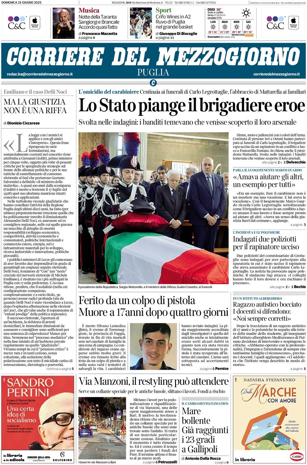 Prima Pagina Corriere del Mezzogiorno (Puglia) 15/06/2025