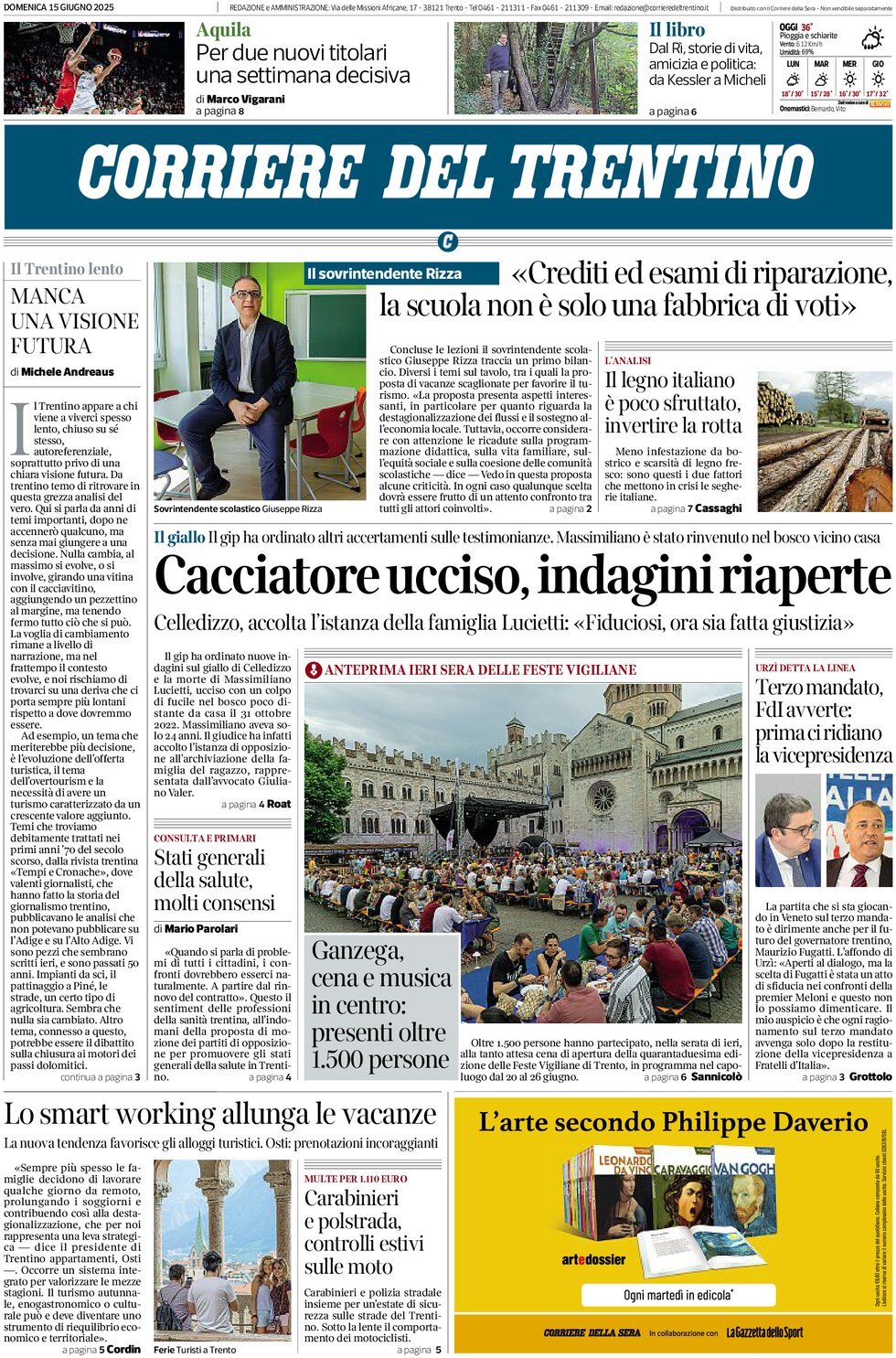 Prima Pagina Corriere del Trentino 15/06/2025