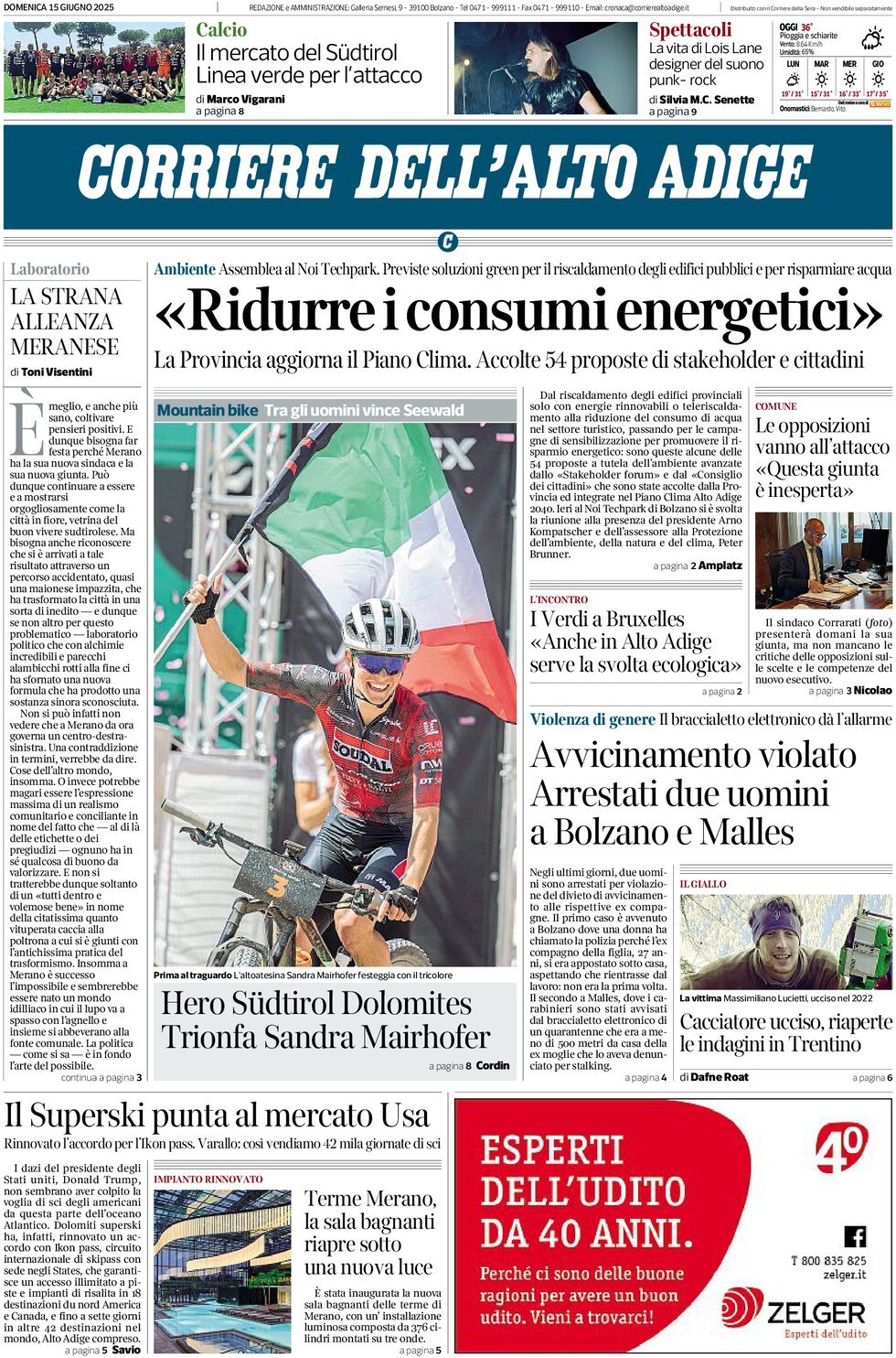 Prima Pagina Corriere dell'Alto Adige 15/06/2025