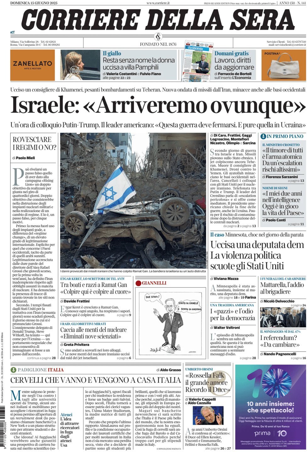 Prima Pagina Corriere della Sera 15/06/2025