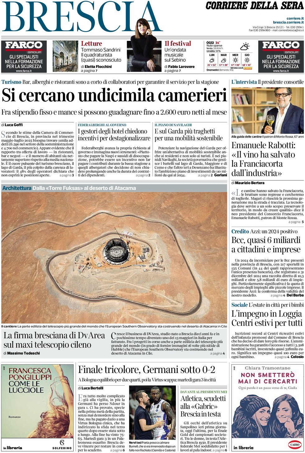Prima Pagina Corriere della Sera (Brescia) 15/06/2025