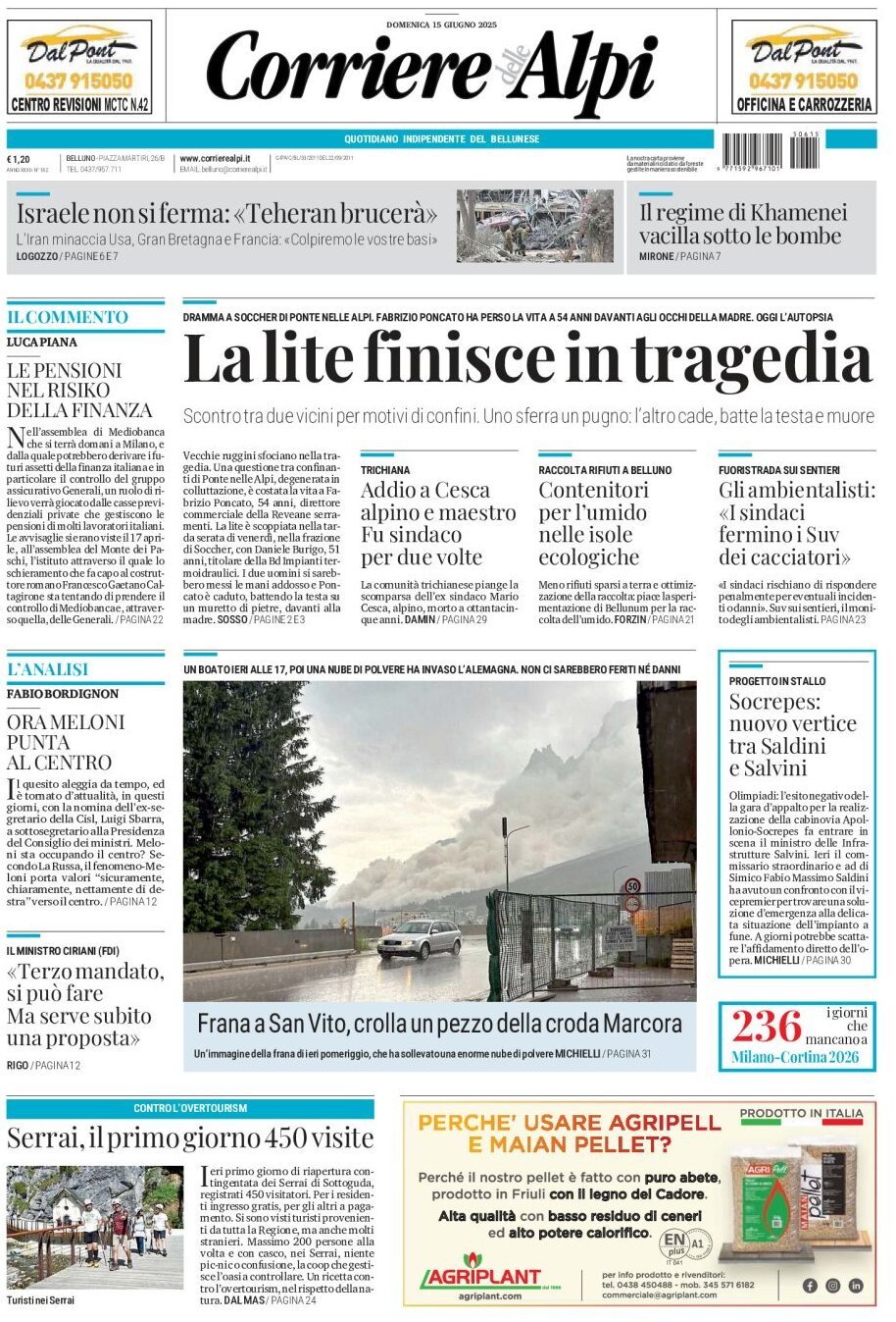 Prima Pagina Corriere delle Alpi (Belluno) 15/06/2025