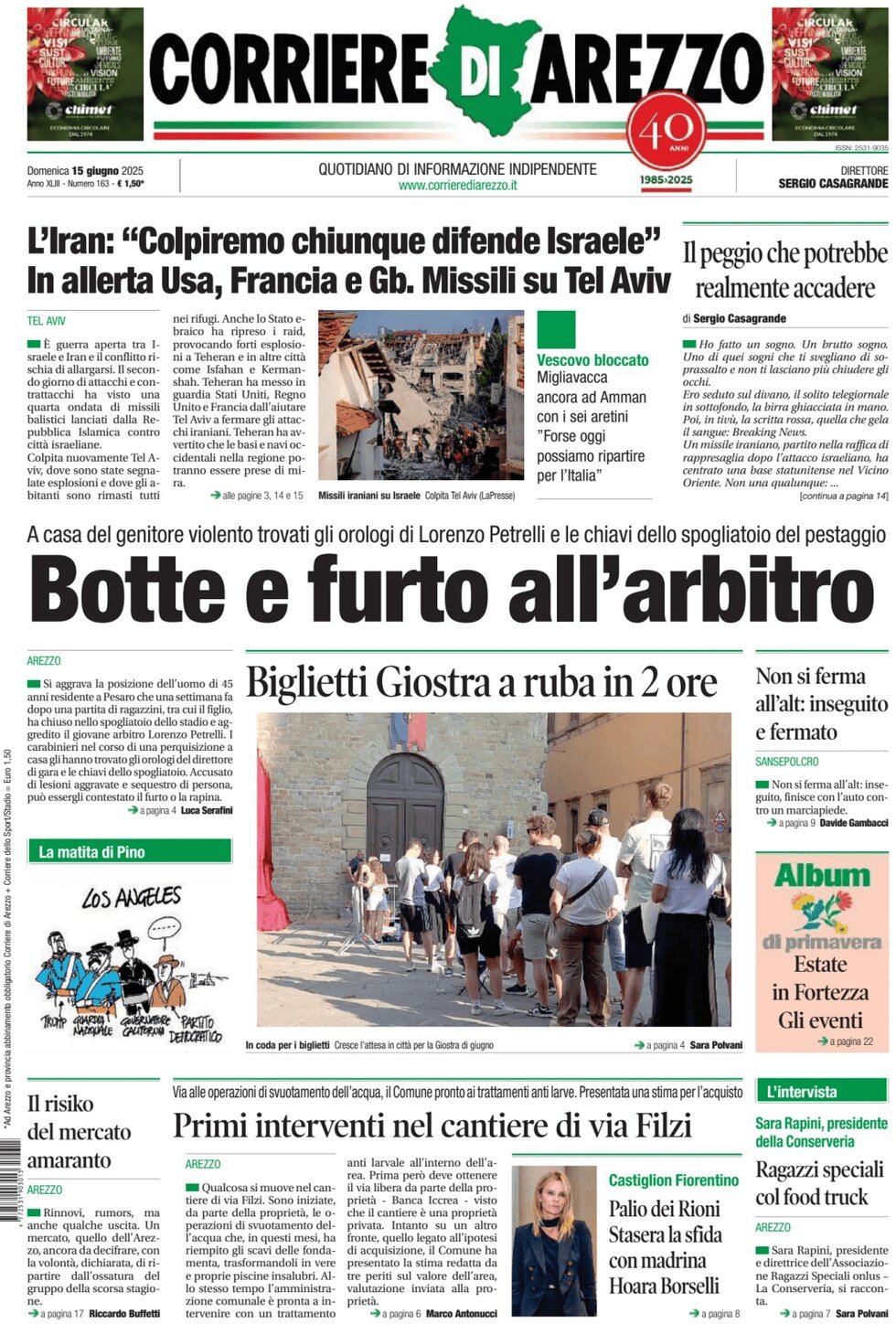 Prima Pagina Corriere di Arezzo 15/06/2025