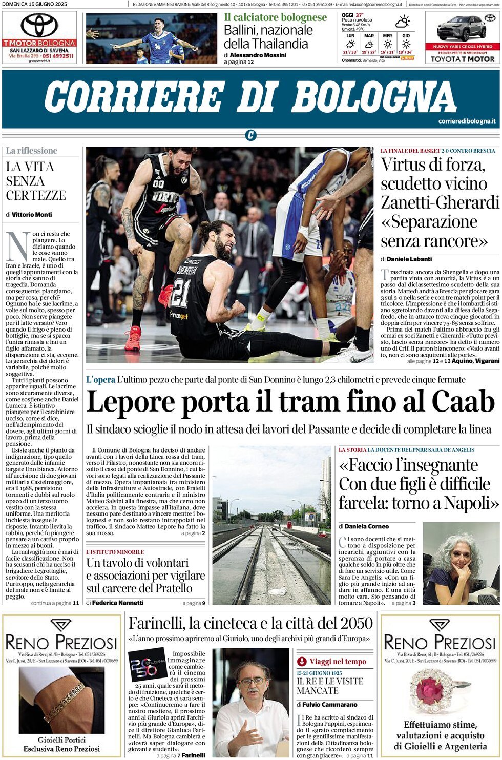 Prima Pagina Corriere di Bologna 15/06/2025