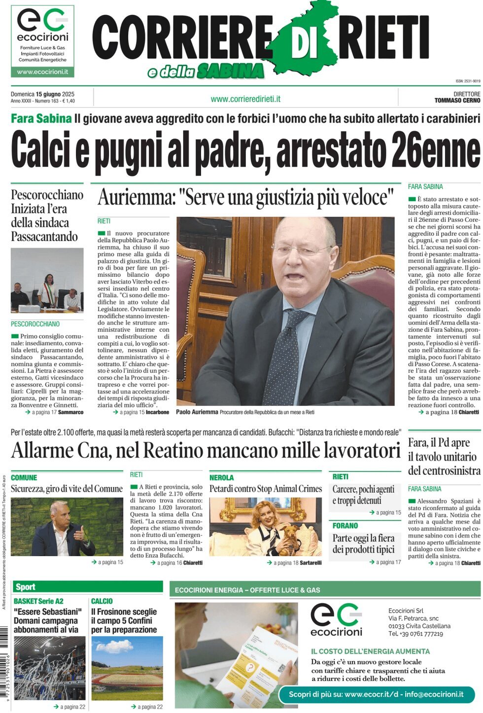 Prima Pagina Corriere di Rieti e della Sabina 15/06/2025