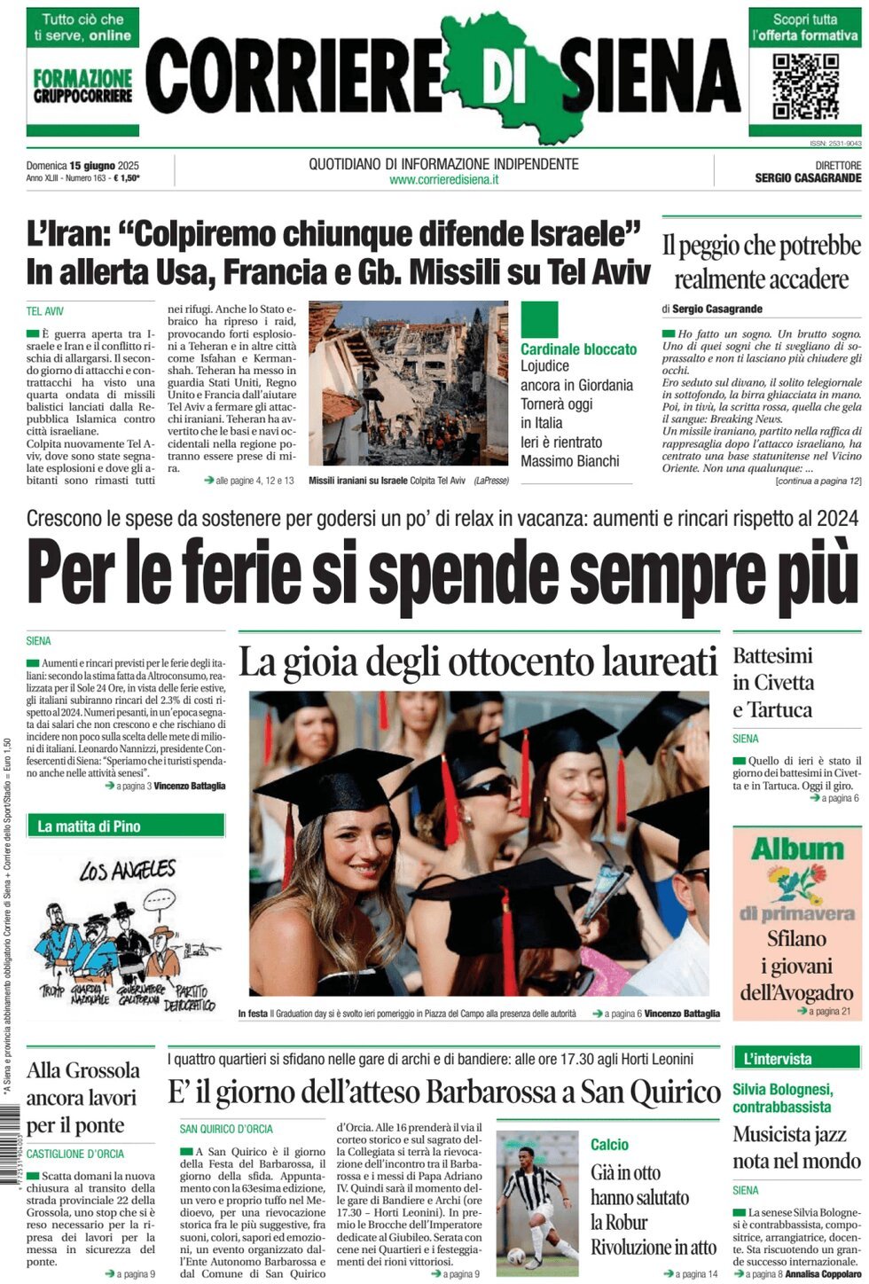 Prima Pagina Corriere di Siena 15/06/2025