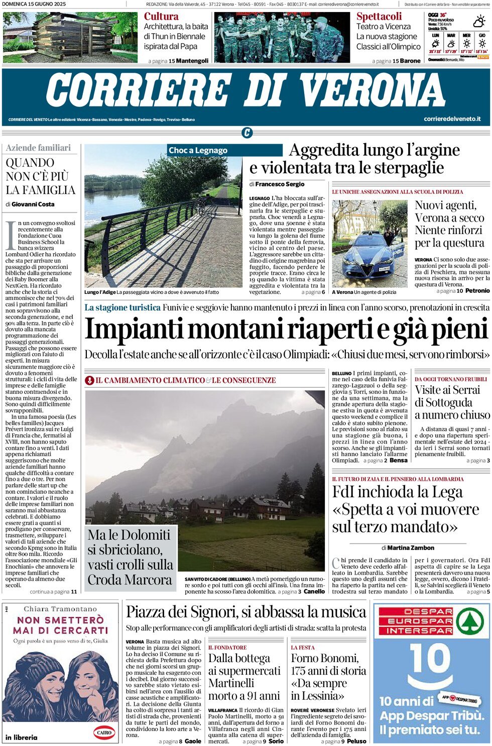 Prima Pagina Corriere di Verona 15/06/2025