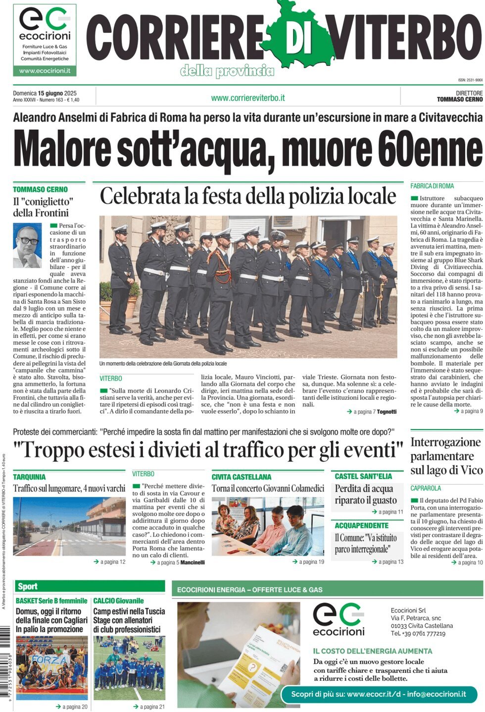 Prima Pagina Corriere di Viterbo 15/06/2025