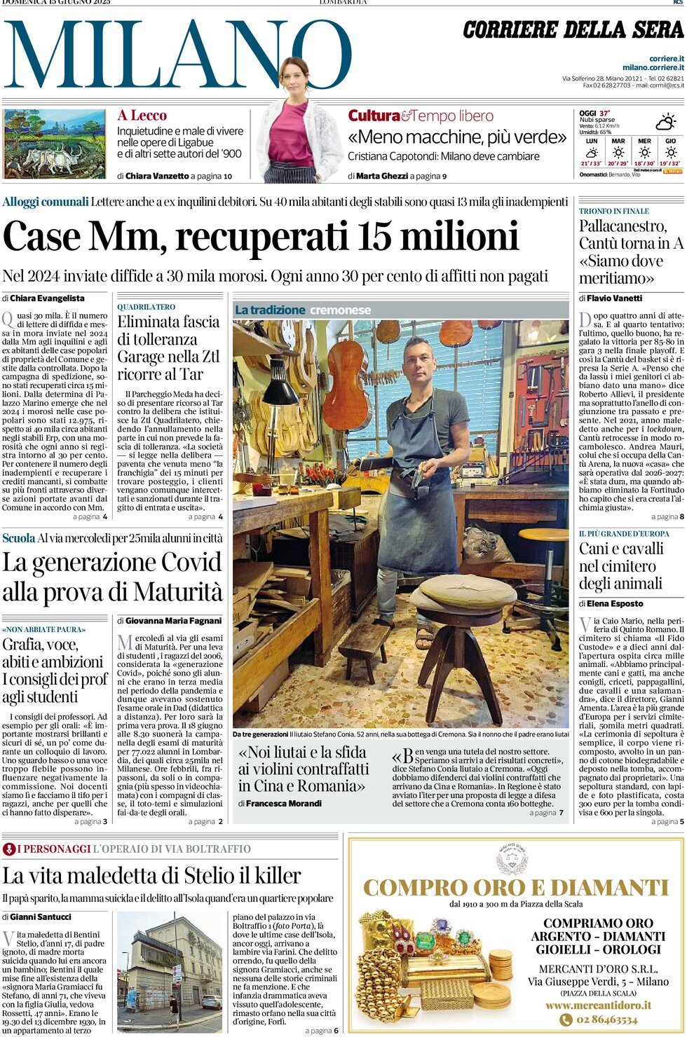 Prima Pagina Corriere della Sera (Milano) 15/06/2025