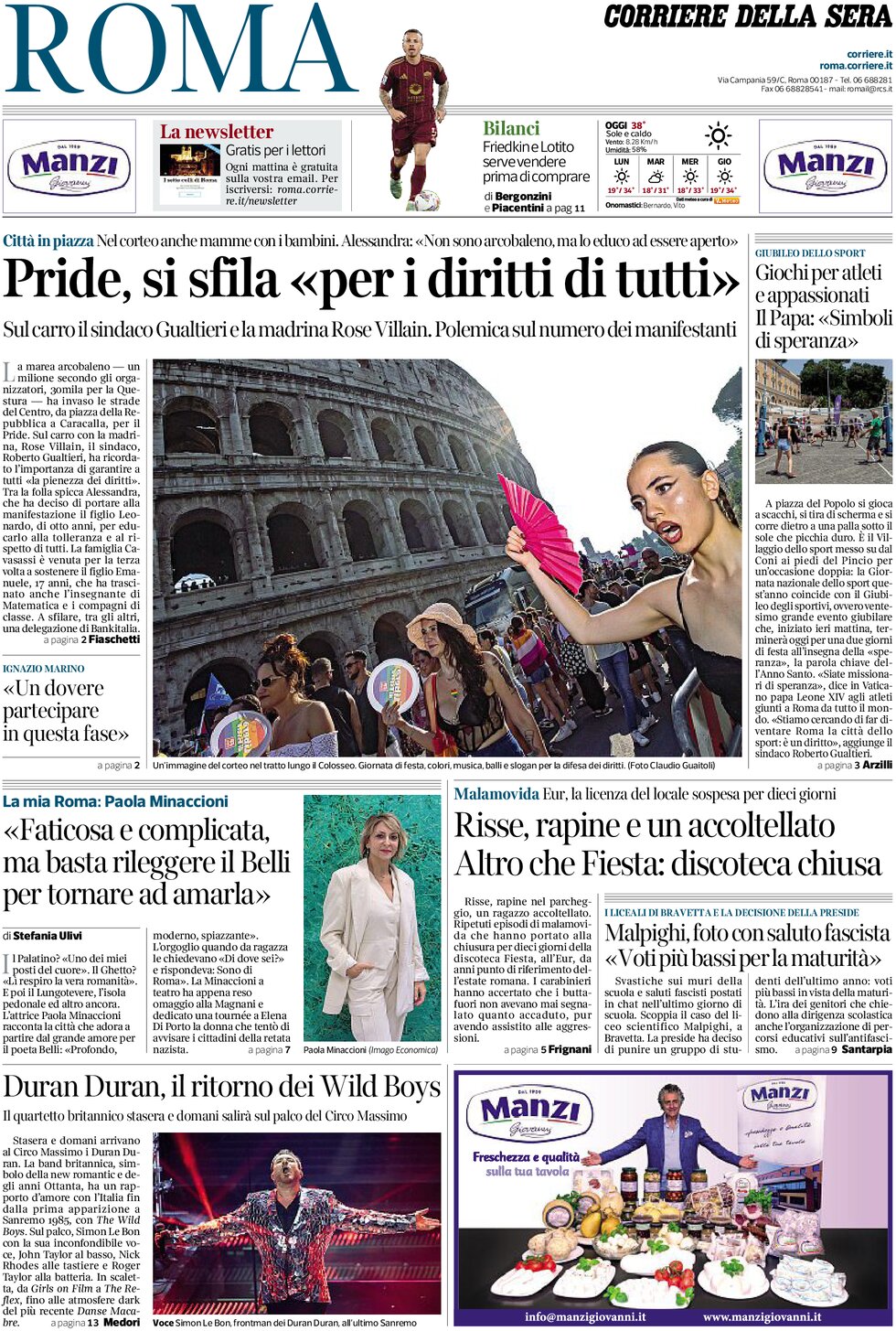 Prima Pagina Corriere della Sera (Roma) 15/06/2025