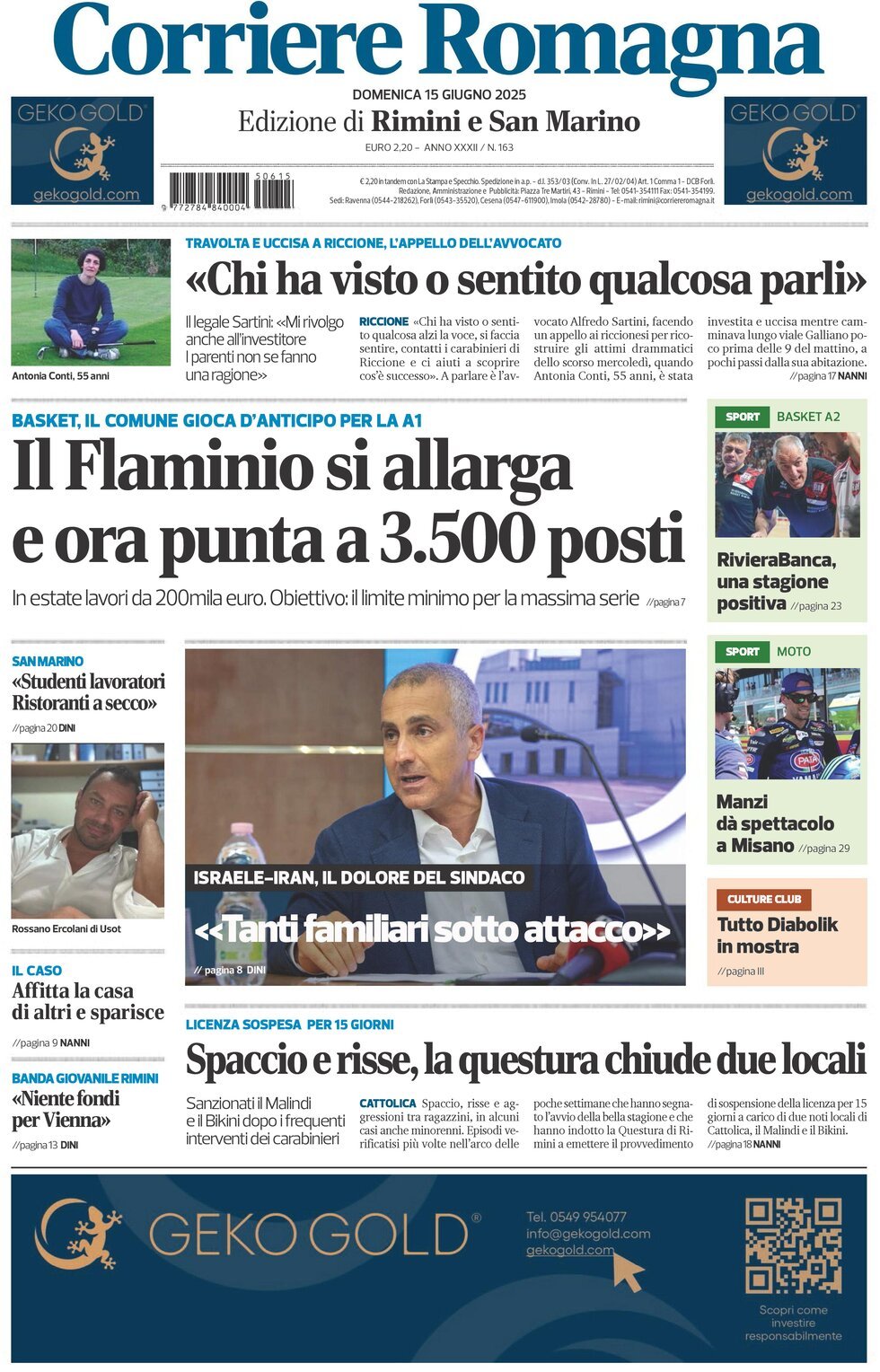 Prima Pagina Corriere Romagna (Rimini e San Marino) 15/06/2025