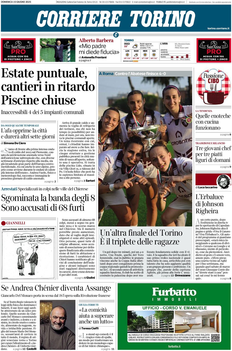 Prima Pagina Corriere Torino 15/06/2025