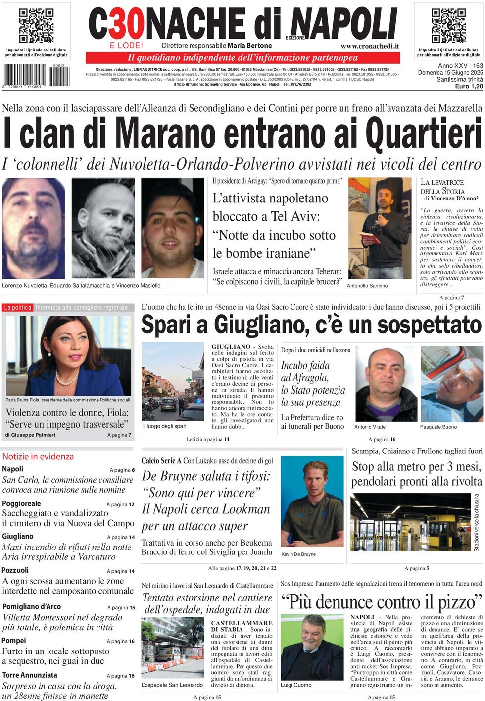 Prima Pagina Cronache di Napoli 15/06/2025
