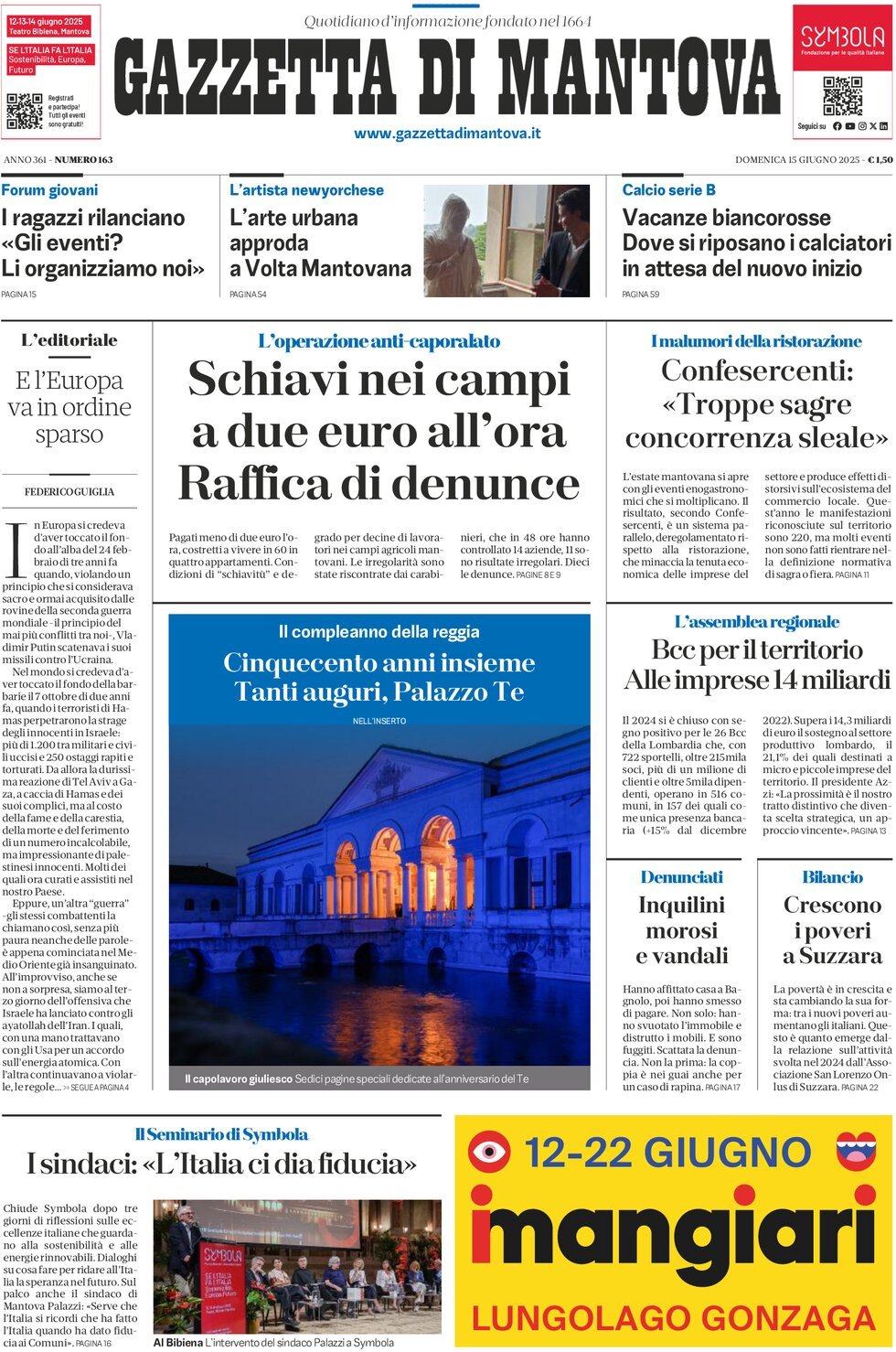 Prima Pagina Gazzetta di Mantova 15/06/2025