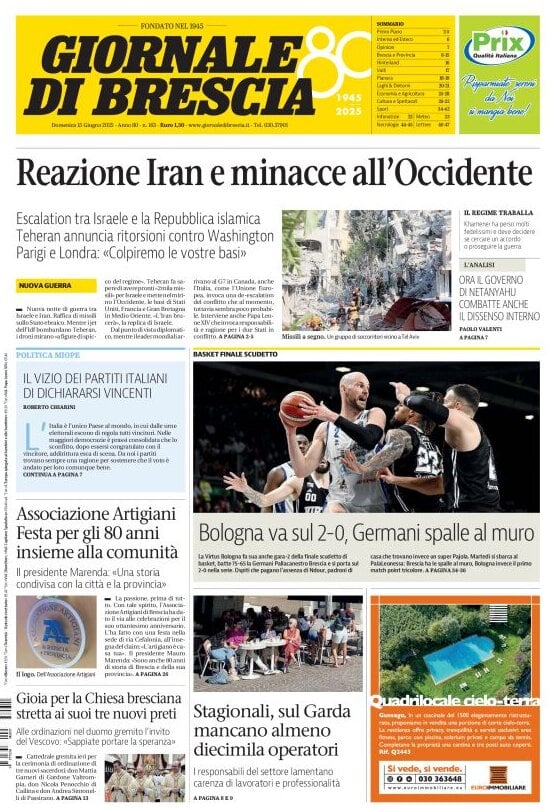 Prima Pagina Giornale di Brescia 15/06/2025