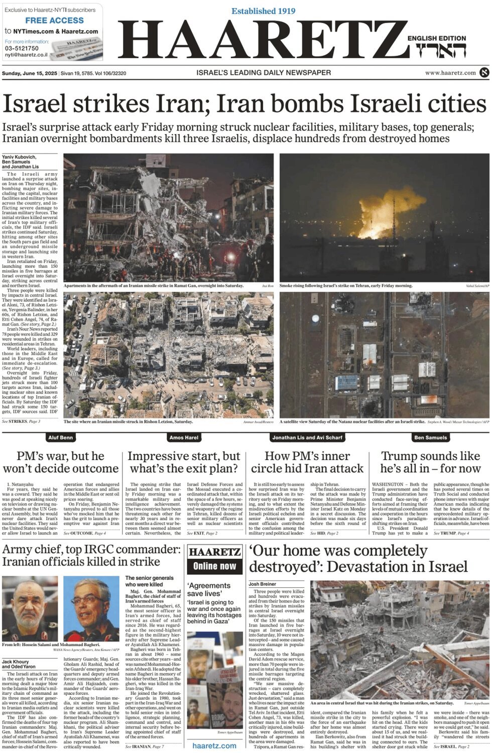 Prima Pagina Haaretz 15/06/2025