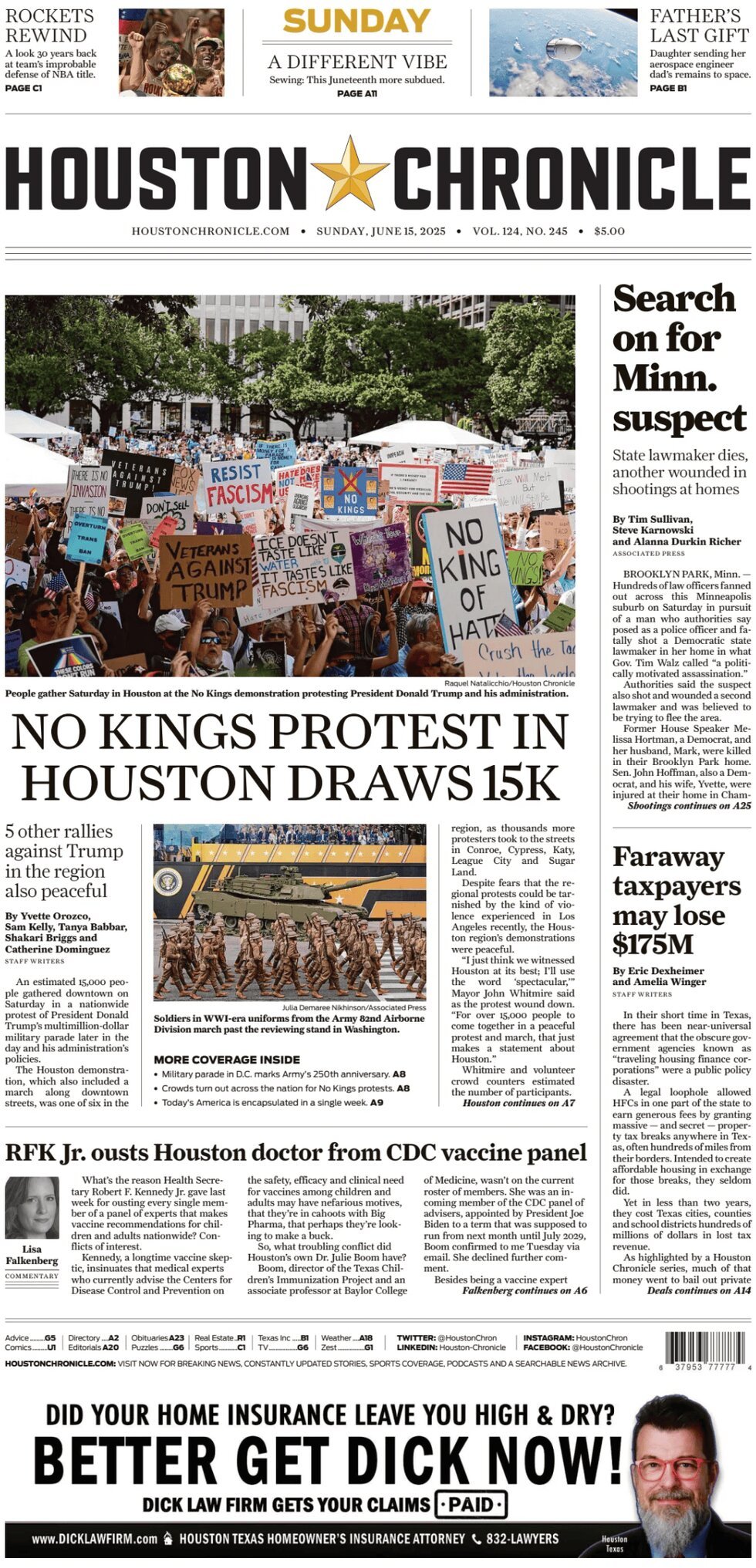 Prima Pagina Houston Chronicle 15/06/2025