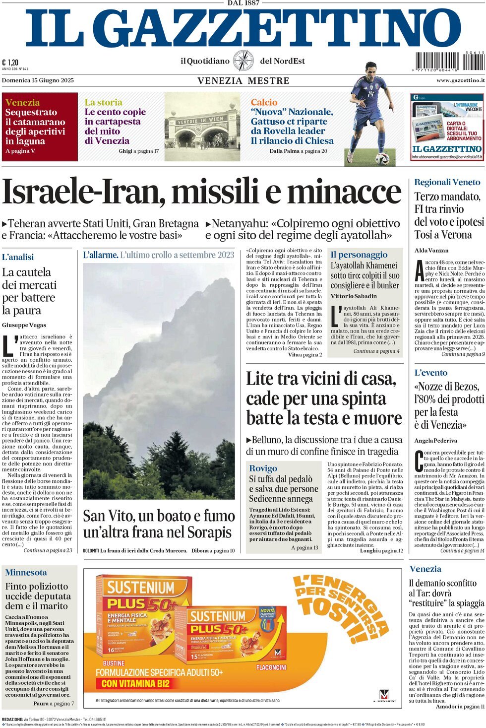 Prima Pagina Il Gazzettino 15/06/2025