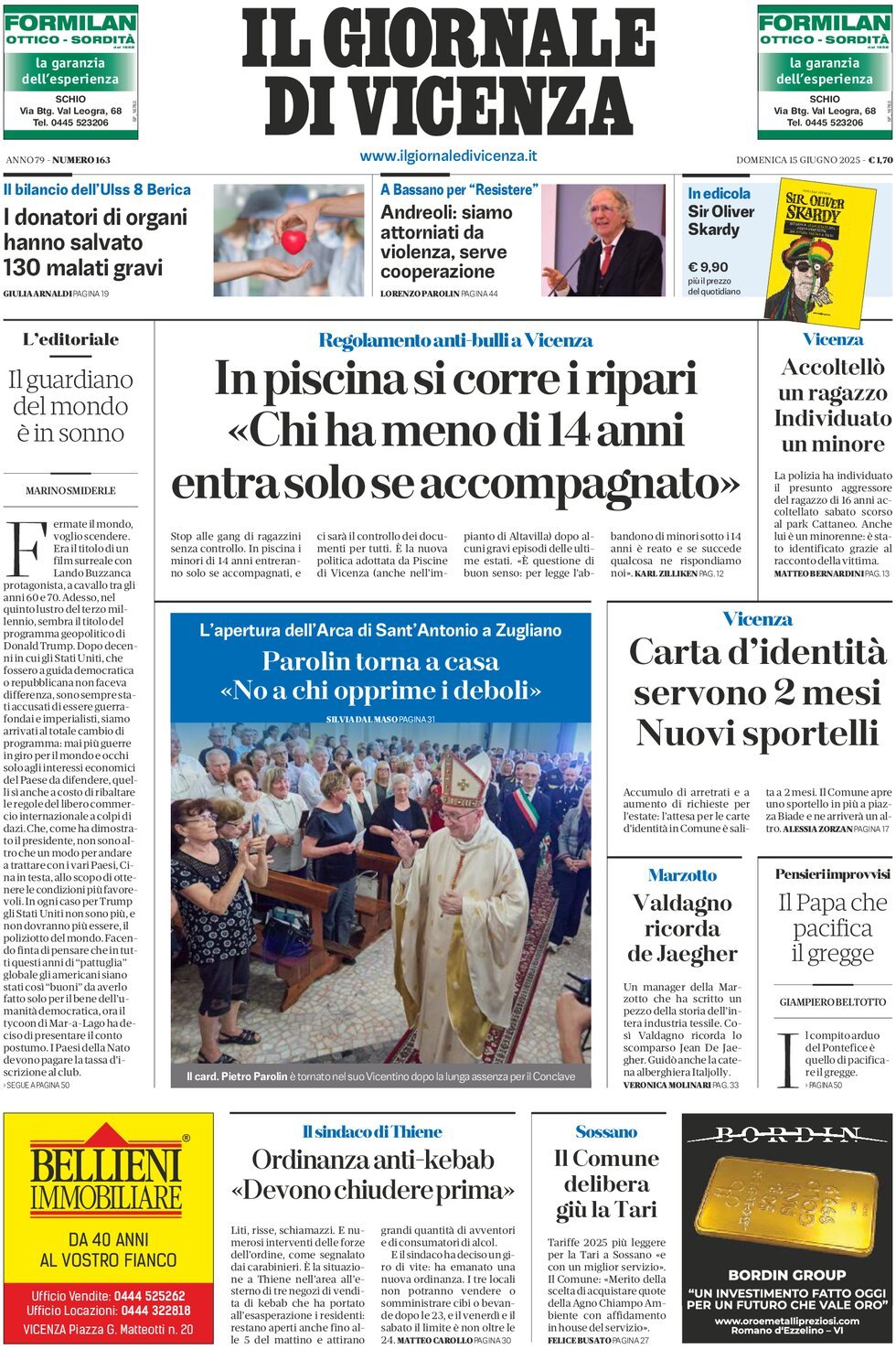 Prima Pagina Il Giornale di Vicenza 15/06/2025