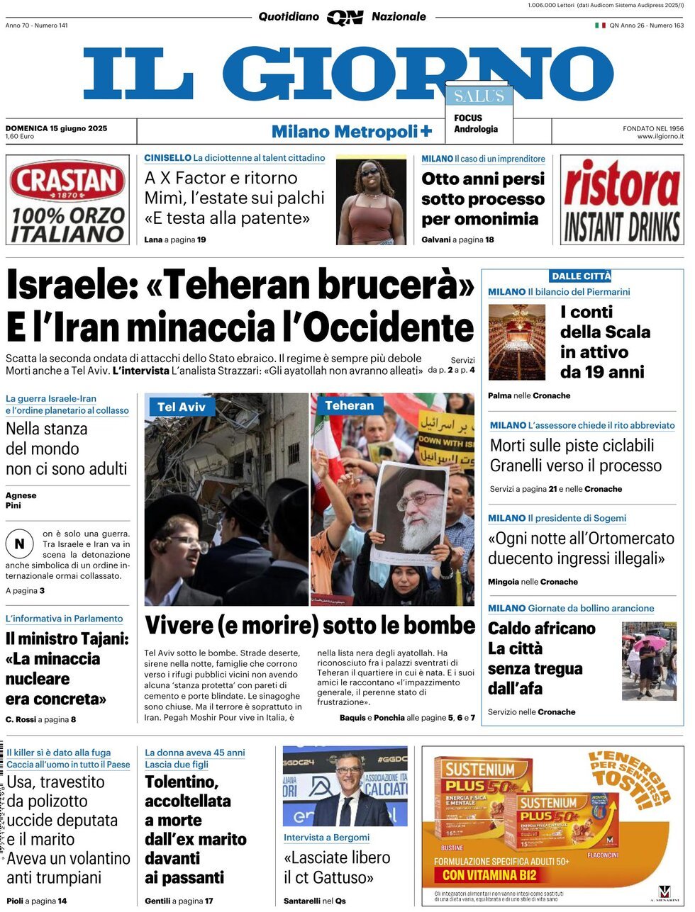 Prima Pagina Il Giorno (Milano Metropoli) 15/06/2025