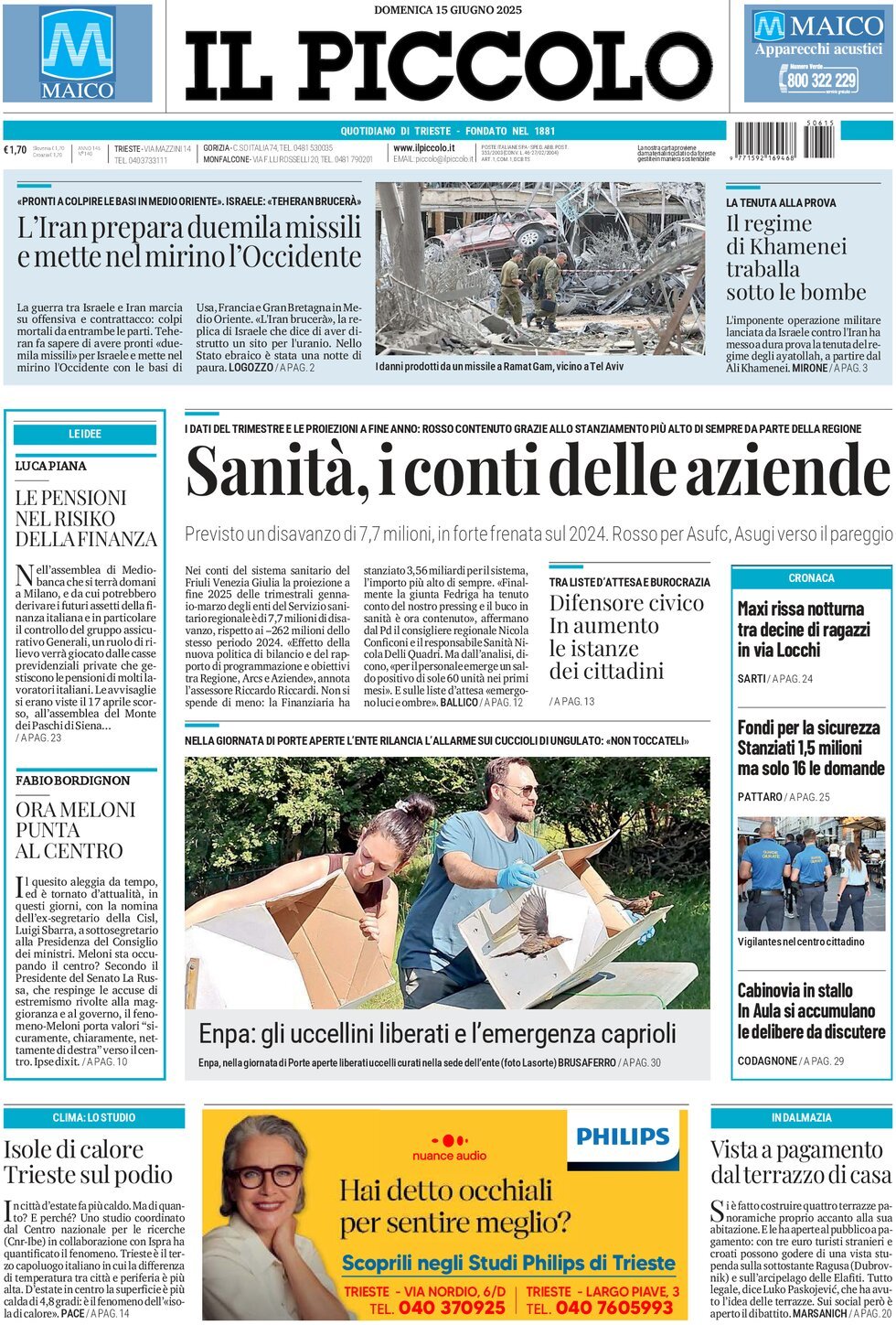 Prima Pagina Il Piccolo (Trieste) 15/06/2025