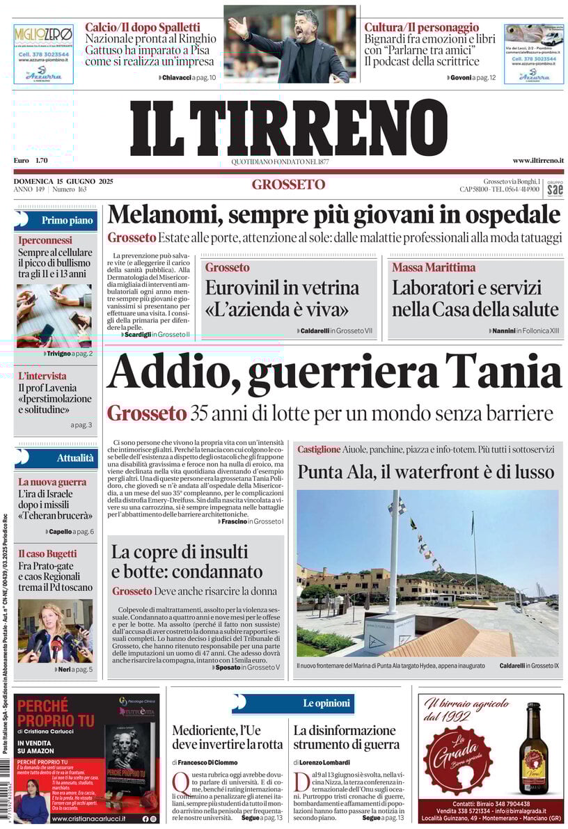 Prima Pagina Il Tirreno (Grosseto) 15/06/2025
