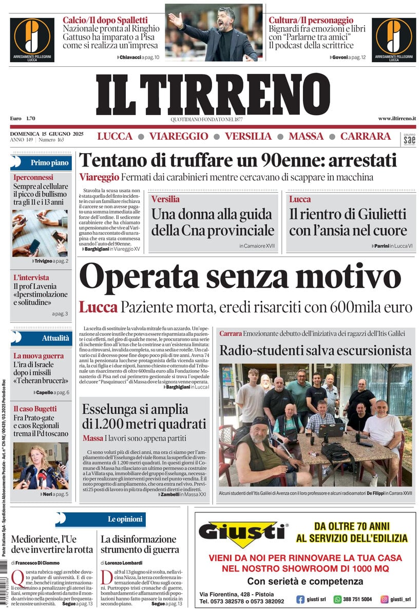 Prima Pagina Il Tirreno (Lucca, Viareggio, Versilia, Massa, Carrara) 15/06/2025
