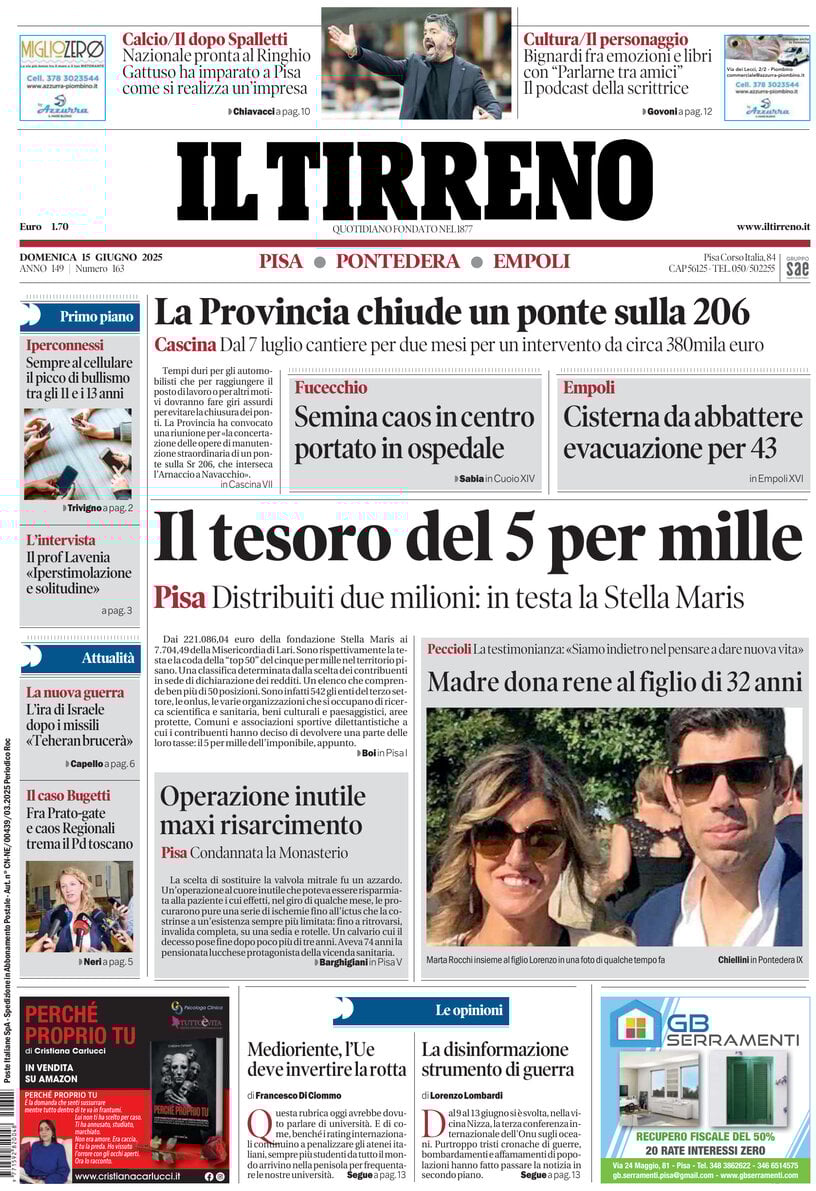 Prima Pagina Il Tirreno (Pisa, Pontedera) 15/06/2025