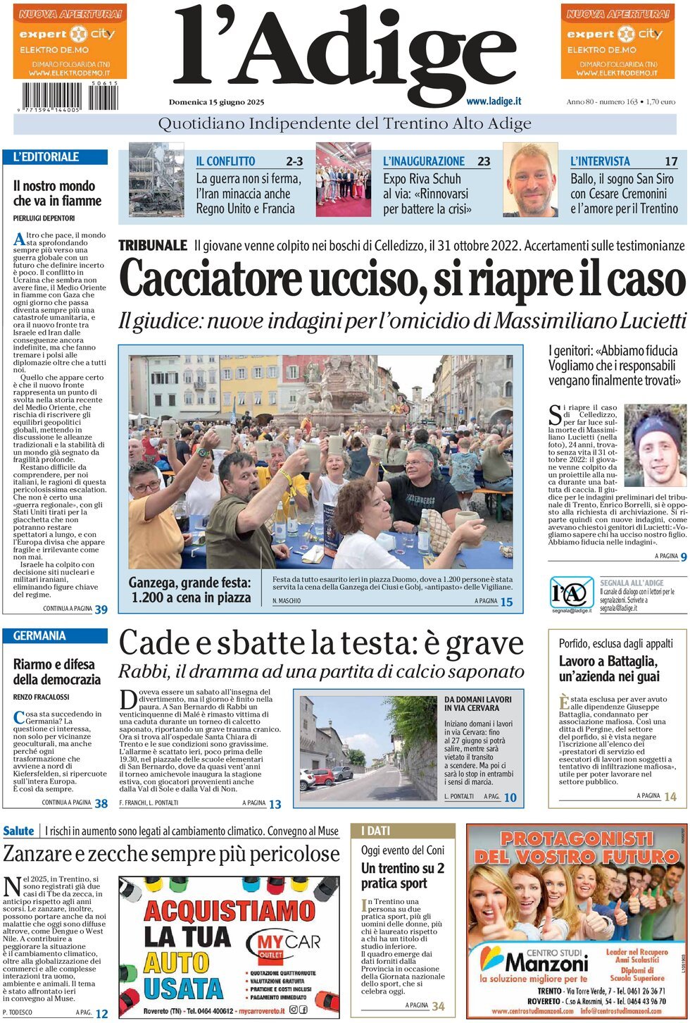 Prima Pagina L'Adige 15/06/2025