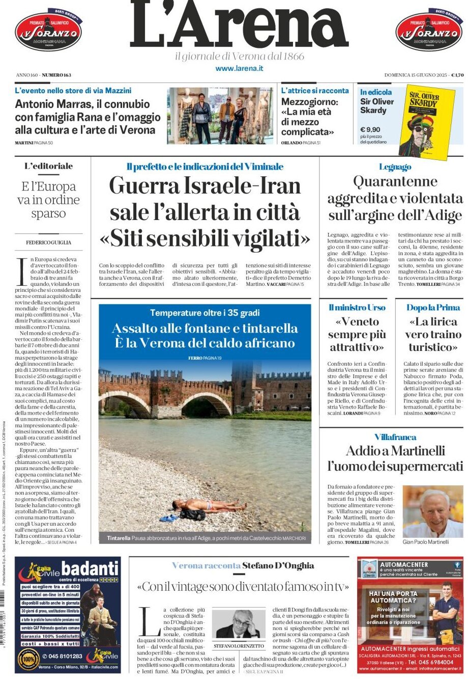 Prima Pagina L'Arena (Verona) 15/06/2025