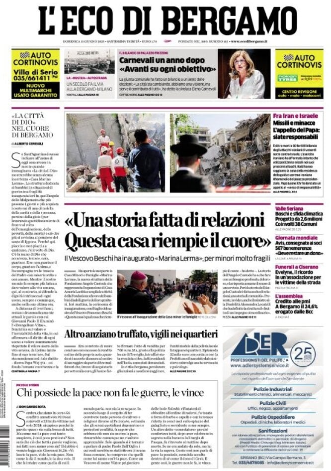 Prima Pagina L'Eco di Bergamo 15/06/2025