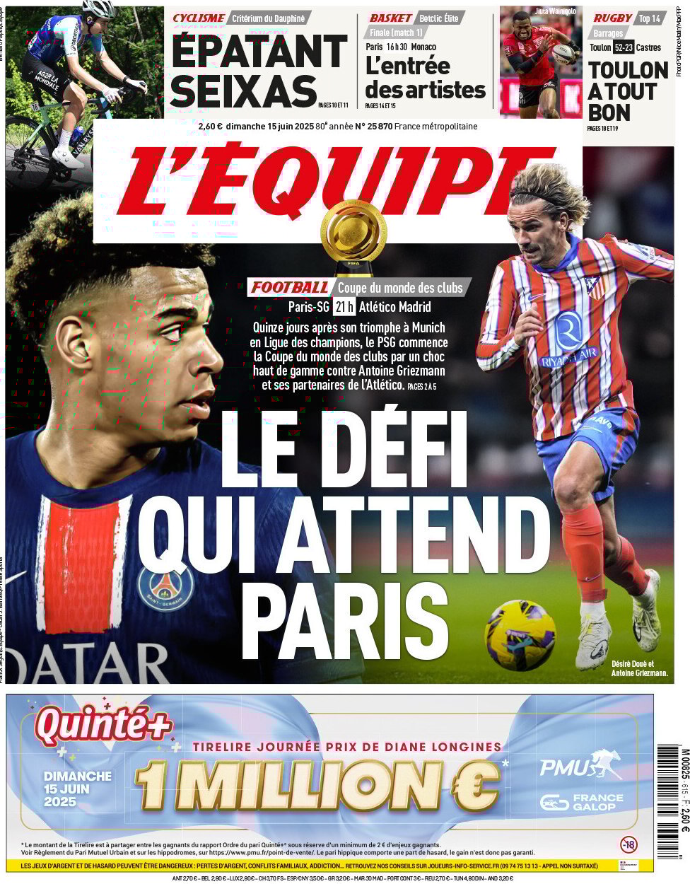 Prima Pagina L'Equipe 15/06/2025