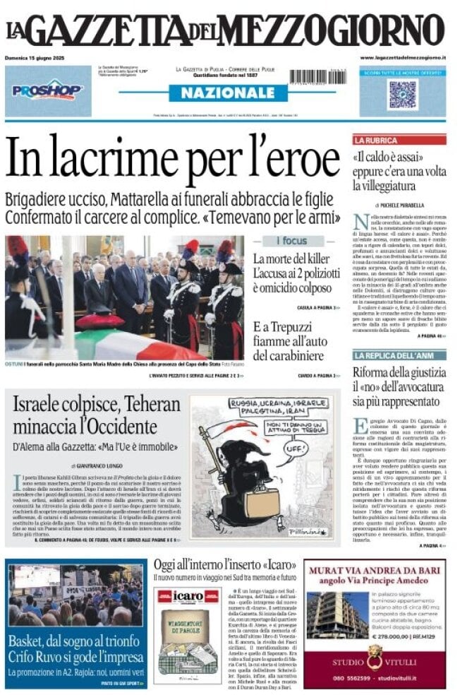 Prima Pagina La Gazzetta del Mezzogiorno (Bari) 15/06/2025