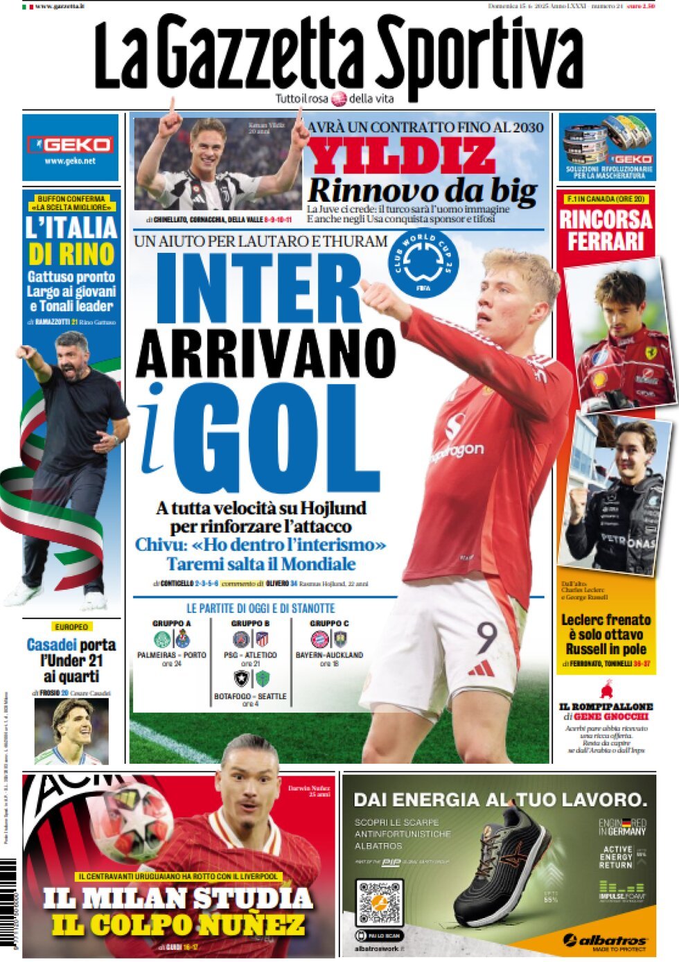 Prima Pagina La Gazzetta dello Sport 15/06/2025