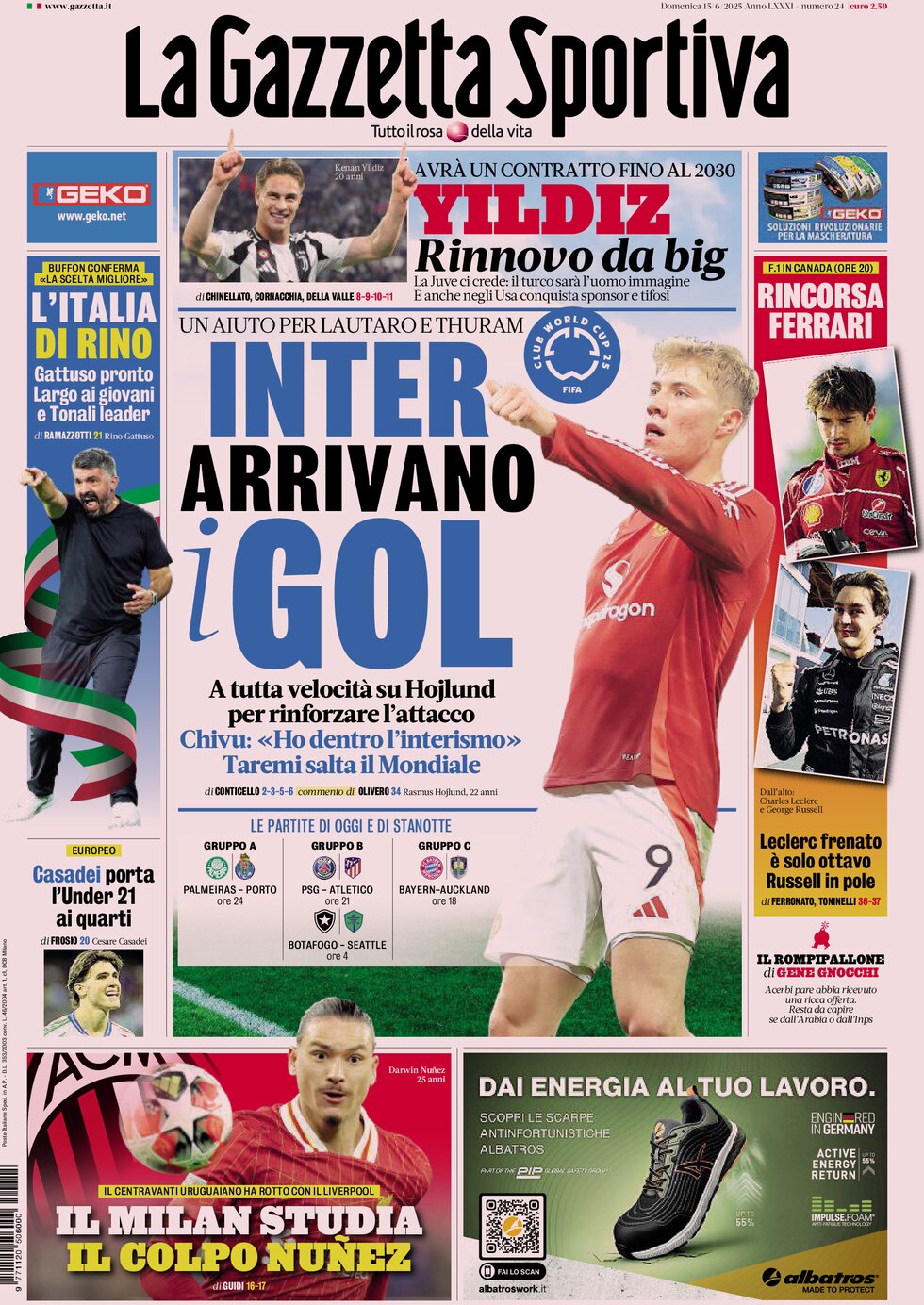 Prima Pagina La Gazzetta dello Sport 15/06/2025