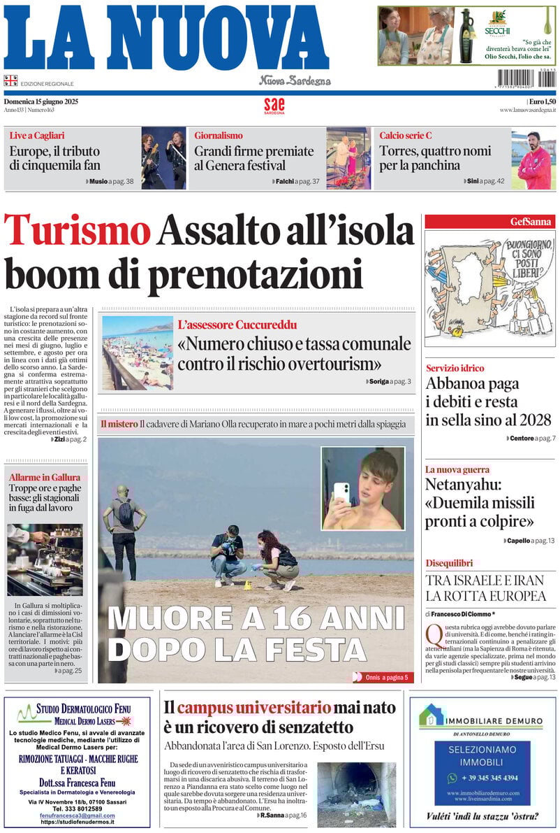 Prima Pagina La Nuova Sardegna 15/06/2025