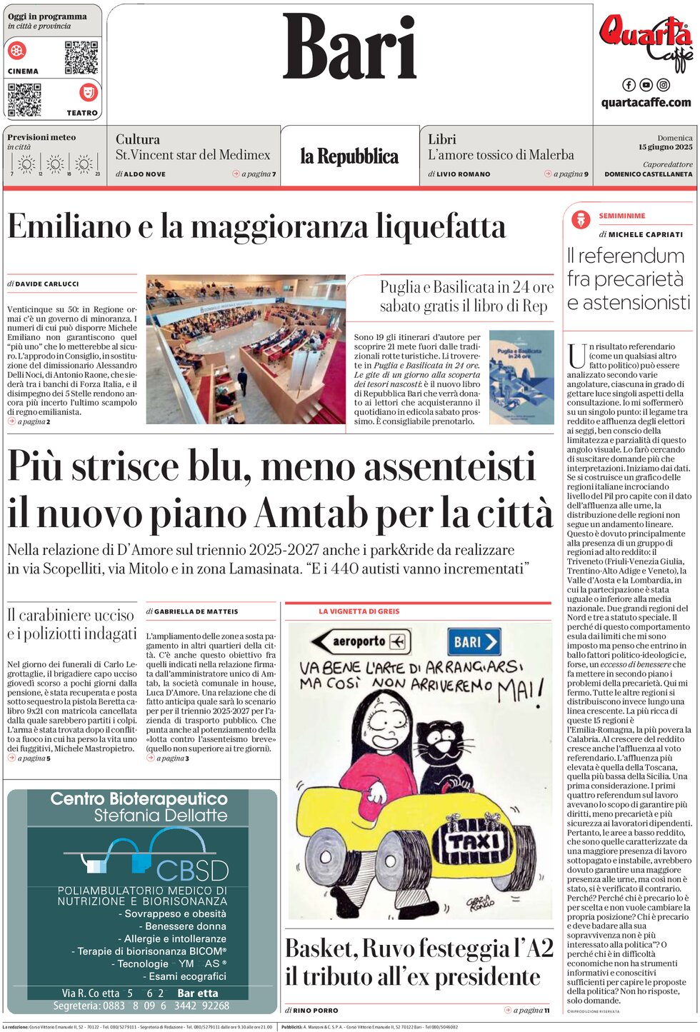 Prima Pagina La Repubblica (Bari) 15/06/2025