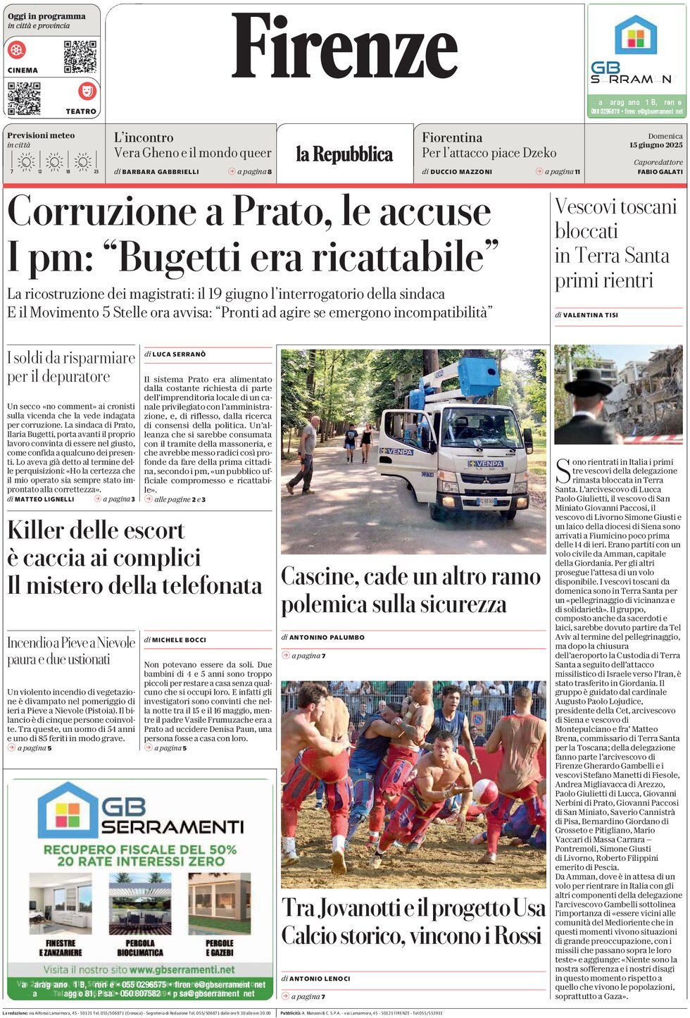 Prima Pagina La Repubblica (Firenze) 15/06/2025